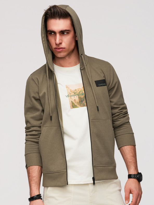 Ombre Clothing Muška dukserica bez gumbiju s kapuljačom i naljepnicom - maslinasta V4 OM-SSZP-0256 Ombre Clothing