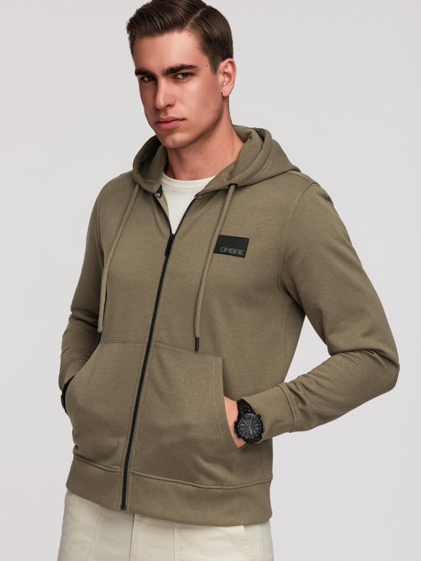 Ombre Clothing Muška dukserica bez gumbiju s kapuljačom i naljepnicom - maslinasta V4 OM-SSZP-0256 Ombre Clothing