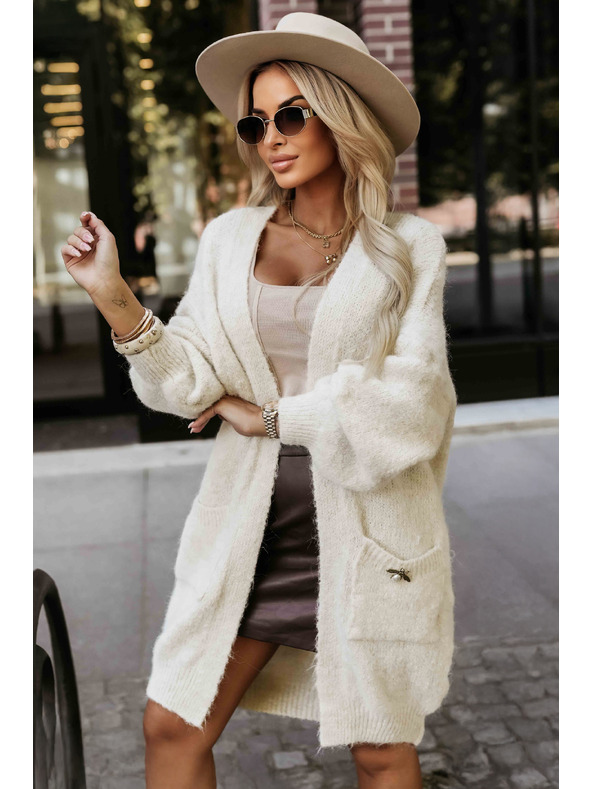 numoco basic Modna oversized kardigan sa dekorativnom brošom i prakticnim džepovima - bež