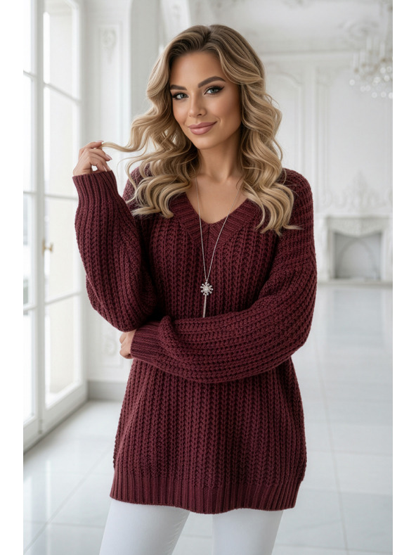 numoco basic Topao oversized pulover sa gustom tkaninom i V izrezom - bordo