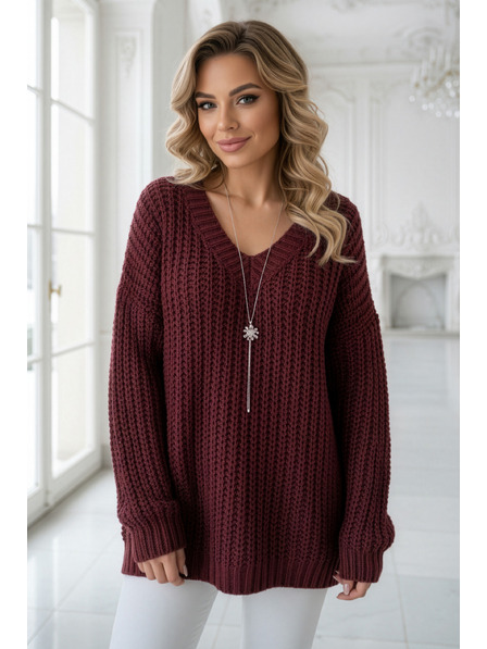 numoco basic Topao oversized pulover sa gustom tkaninom i V izrezom - bordo