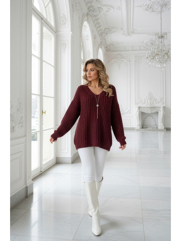 numoco basic Topao oversized pulover sa gustom tkaninom i V izrezom - bordo