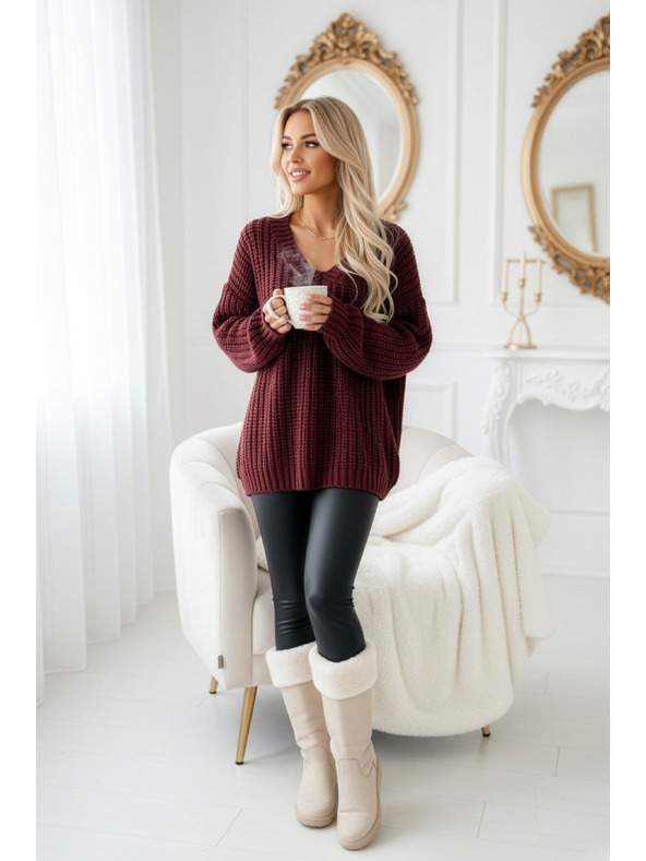 numoco basic Topao oversized pulover sa gustom tkaninom i V izrezom - bordo
