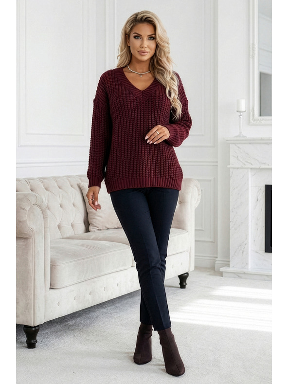 numoco basic Topao oversized pulover sa gustom tkaninom i V izrezom - bordo