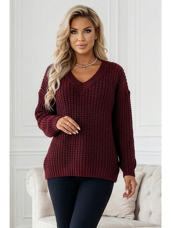 numoco basic Topao oversized pulover sa gustom tkaninom i V izrezom - bordo