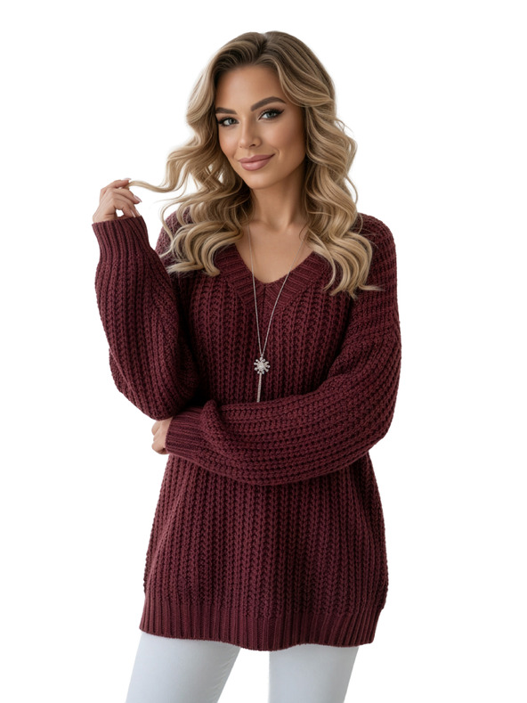 numoco basic Topao oversized pulover sa gustom tkaninom i V izrezom - bordo