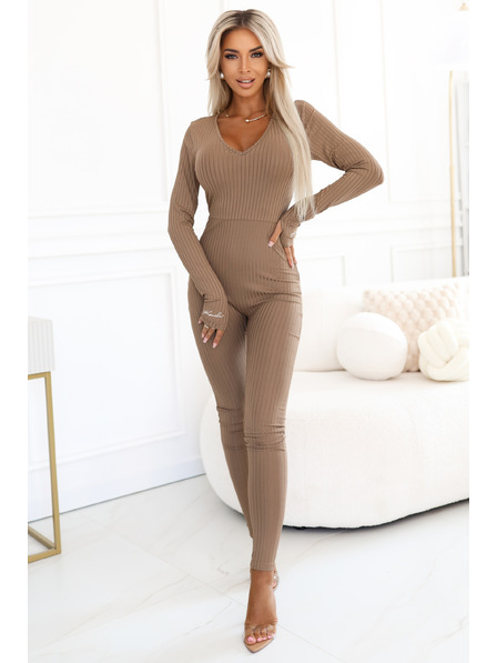 Kocula Udobna i elegantna rebrastana damska kombinezoni s izrezom - mocha mousse