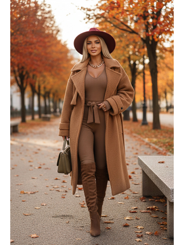 Kocula Udobna i elegantna rebrastana damska kombinezoni s izrezom - mocha mousse