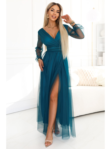 numoco basic Duge maxi haljine s tul rukavima i ukrštenim izrezom - boja boce zelena