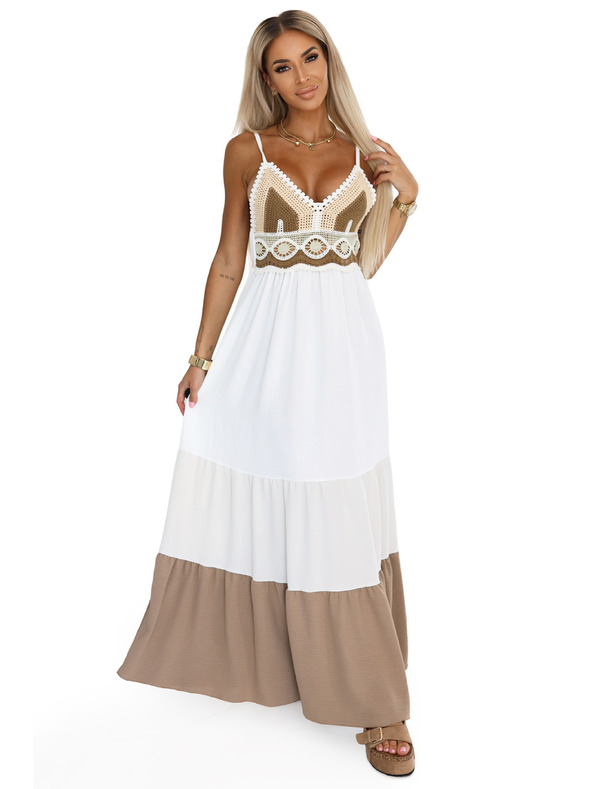 numoco basic Duge bež-bijele haljine bez bretela s hakovanim vrhom - boho
