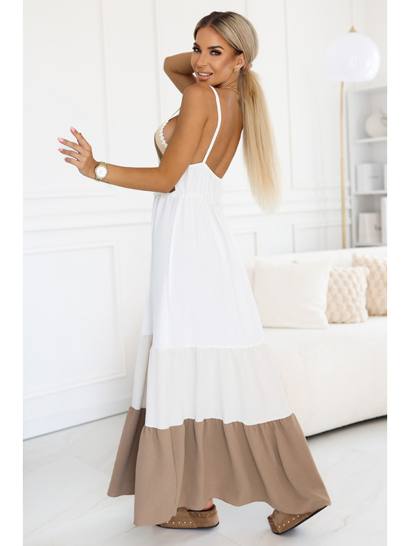 numoco basic Duge bež-bijele haljine bez bretela s hakovanim vrhom - boho