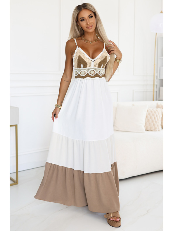 numoco basic Duge bež-bijele haljine bez bretela s hakovanim vrhom - boho