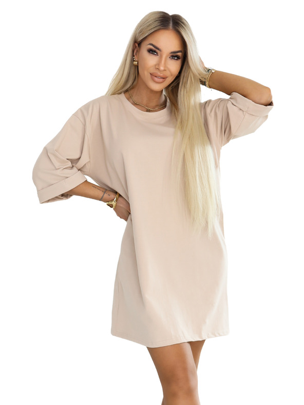 numoco basic Slobodne oversize haljine od pamuka s kratkim rukavima - bež