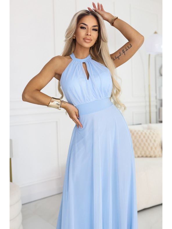 numoco basic Elegantna večernja maxi haljina halter sa tiulom i vezivanjem u pojasu - svjetloplava