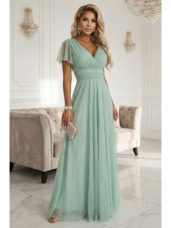 numoco basic MELANIA Duga sjajnа haljina sa izrezom i kratkim rukavom - pistacio