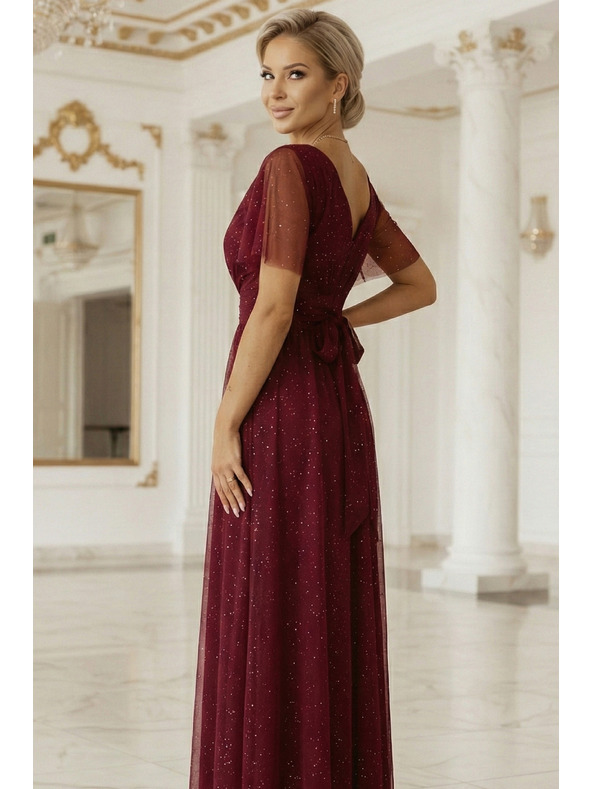 numoco basic MELANIA duga sjajnа haljina sa izrezom i kratkim rukavima - vinska