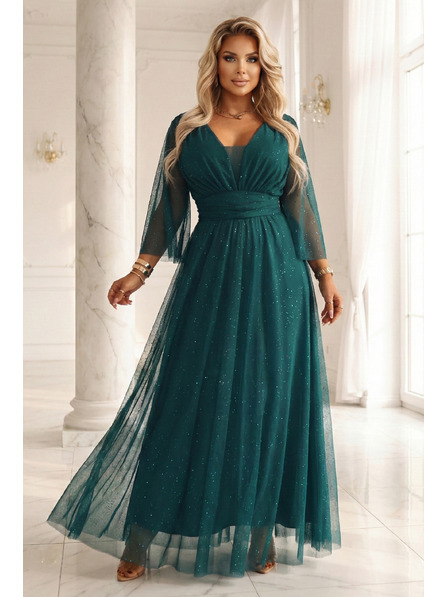 numoco Duge sjajne haljine plus size s okruglim dekoltom i prozirnim rukavima - flaserska zelena