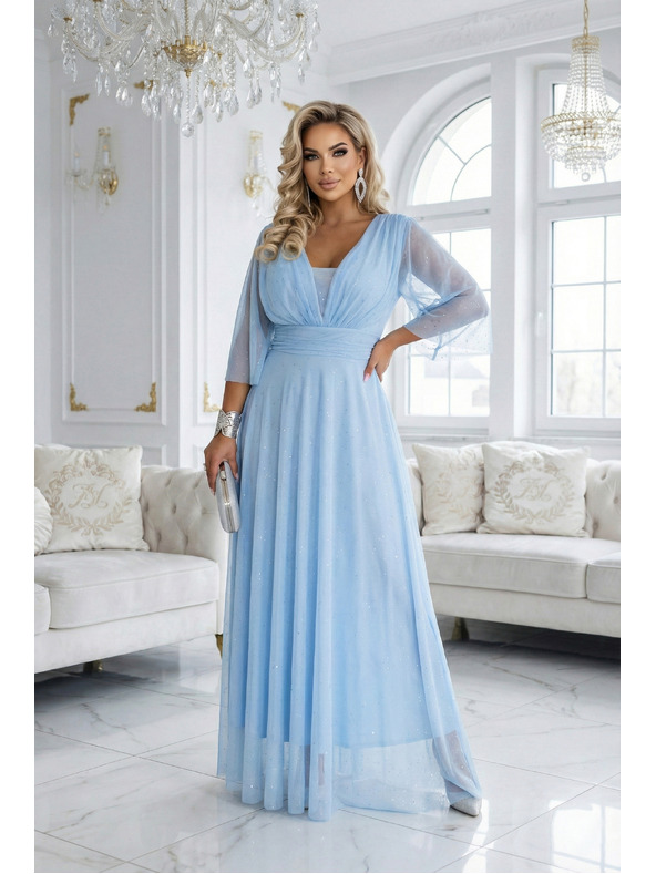 numoco Duge sjajna haljina plus size s dekoltom i prozirnim rukavima - svjetlo plava