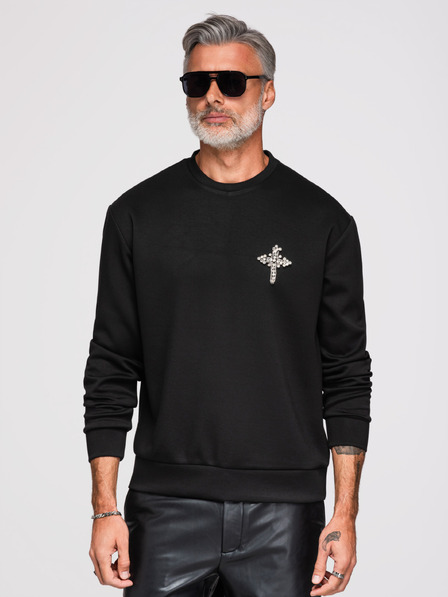 Ombre Clothing Muške dukserice sa aplikacijom križa i srebrnim kamenjem sa okruglim izrezom - crna V1 OM-SSNZ-0271 Ombre Clothing