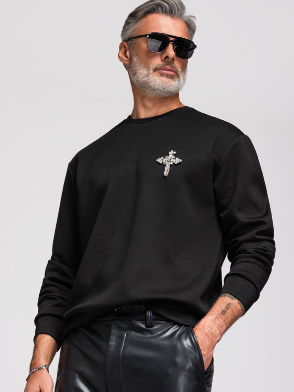 Ombre Clothing Muške dukserice sa aplikacijom križa i srebrnim kamenjem sa okruglim izrezom - crna V1 OM-SSNZ-0271 Ombre Clothing