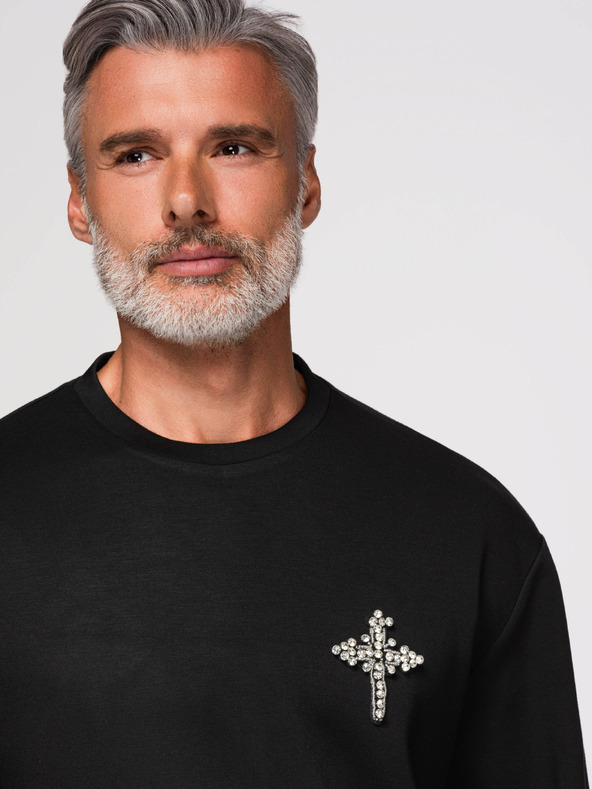 Ombre Clothing Muške dukserice sa aplikacijom križa i srebrnim kamenjem sa okruglim izrezom - crna V1 OM-SSNZ-0271 Ombre Clothing