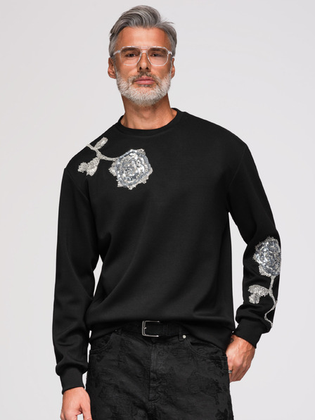 Ombre Clothing Muške dukserice sa aplikacijama ruža od srebrnih šljokica i zrnaca sa okruglim izrezom - crna V1 OM-SSNZ-0272 Ombre Clothing