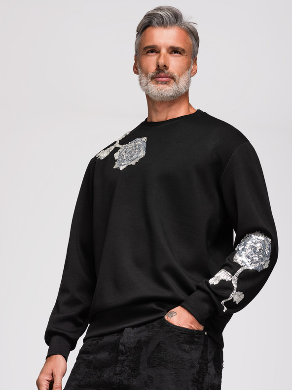 Ombre Clothing Muške dukserice sa aplikacijama ruža od srebrnih šljokica i zrnaca sa okruglim izrezom - crna V1 OM-SSNZ-0272 Ombre Clothing