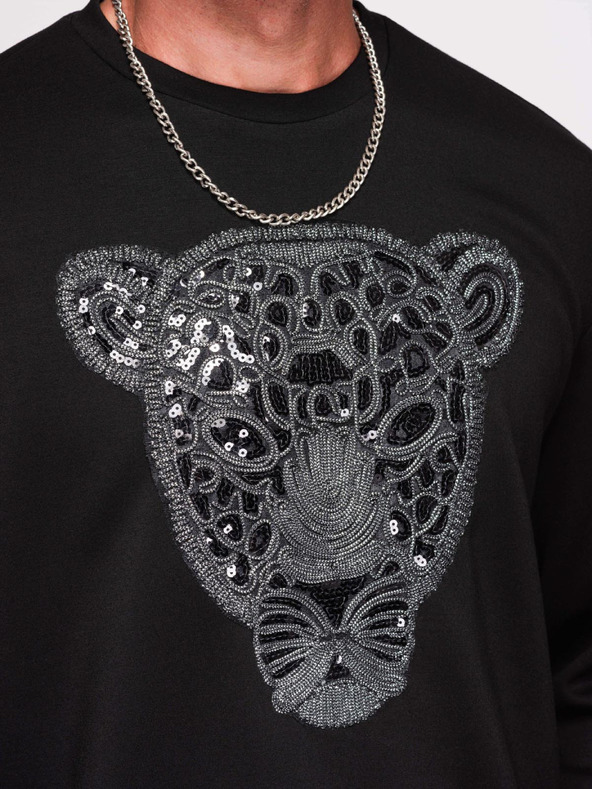 Ombre Clothing Muške dukserice sa srebrnom i crnom aplikacijom pantere na prsima sa okruglim izrezom - crna V1 OM-SSNZ-0273 Ombre Clothing