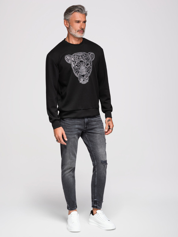 Ombre Clothing Muške dukserice sa srebrnom i crnom aplikacijom pantere na prsima sa okruglim izrezom - crna V1 OM-SSNZ-0273 Ombre Clothing