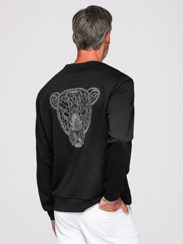 Ombre Clothing Muške dukserice sa srebrnom i crnom aplikacijom pantere na leđima sa okruglim izrezom - crna V1 OM-SSNZ-0274 Ombre Clothing