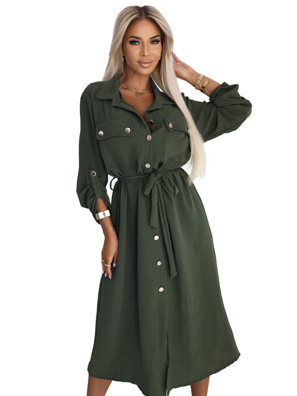 numoco 531-5 Midi košulja haljina sa zlatnim gumbima i kravatom - KHAKI