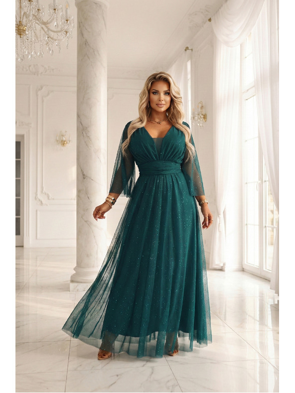 numoco Duge sjajne haljine plus size s okruglim dekoltom i prozirnim rukavima - flaserska zelena