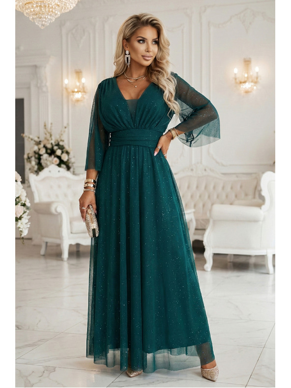 numoco Duge sjajne haljine plus size s okruglim dekoltom i prozirnim rukavima - flaserska zelena