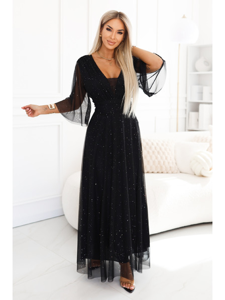 numoco Duge sjajne haljine plus size s izrezom i prozirnim rukavom - crne