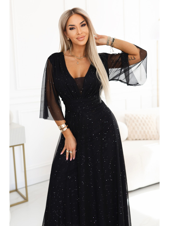 numoco Duge sjajne haljine plus size s izrezom i prozirnim rukavom - crne
