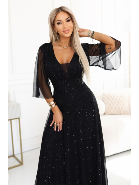 numoco Duge sjajne haljine plus size s izrezom i prozirnim rukavom - crne