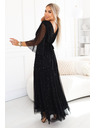 numoco Duge sjajne haljine plus size s izrezom i prozirnim rukavom - crne