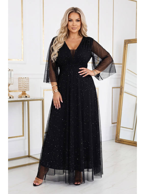 numoco Duge sjajne haljine plus size s izrezom i prozirnim rukavom - crne
