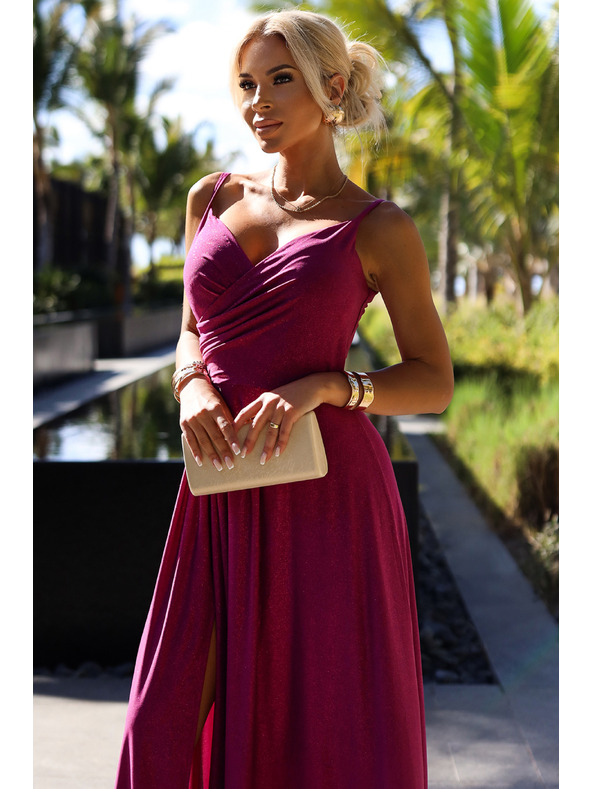 numoco Elegantna duga maxi haljina na naramenice - fuksija sa svjetlucavim Numoco CHIARA