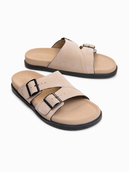 Ombre Clothing Muške japanke od prirodnog velura sa podesivim kopčama - bež V2 OM-FOSF-0249 Ombre Clothing