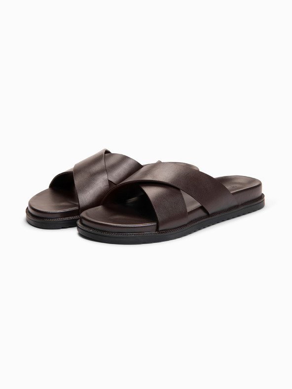 Ombre Clothing Muske kožne papuče s dva prekrižena remena - čokoladno smeđe V2 OM-FOSF-0250 Ombre Clothing