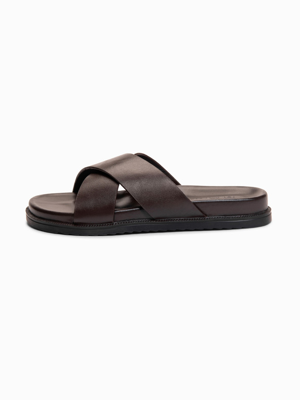 Ombre Clothing Muske kožne papuče s dva prekrižena remena - čokoladno smeđe V2 OM-FOSF-0250 Ombre Clothing