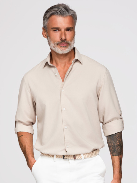 Ombre Clothing Muška košulja od viskože i lana, regularni kroj – bež V1 OM-SHCS-0190 Ombre Clothing