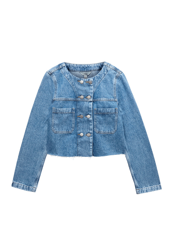Marks & Spencer Skraćenu denim jaknu bez ovratnika s dvostrukim pojasom Marks & Spencer mornarsko plava