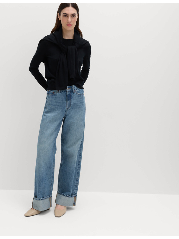 Marks & Spencer Traperice s preskupljenim rubovima, širokimPalazzo nogavicama i visokim strukom Marks & Spencer mornarsko plava