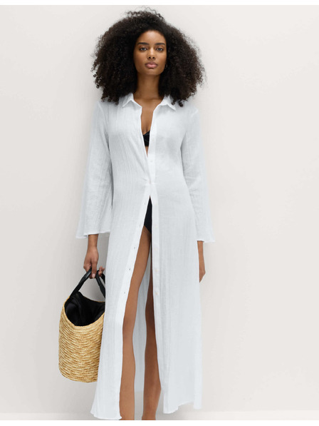 Marks & Spencer Midi košuljna haljina s visokim udjelom pamuke i primjesom lana Marks & Spencer bijela