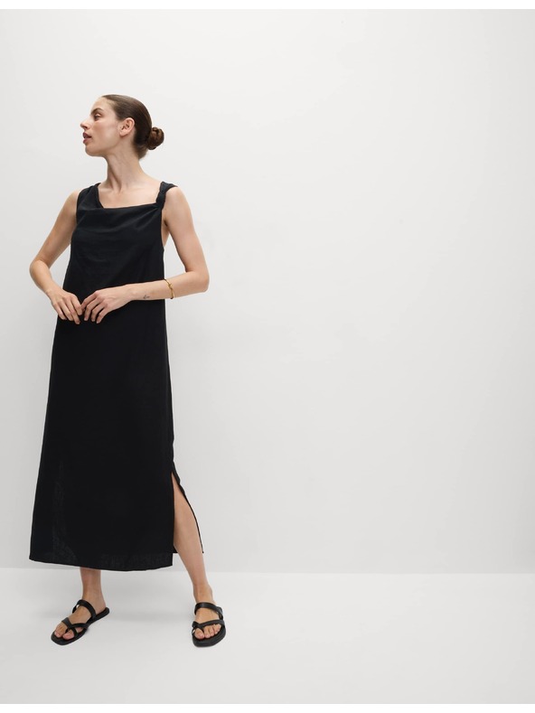 Marks & Spencer Fluidne midaxi haljine s visokim udjelom lana i vezivanjem oko vrata Marks & Spencer crna