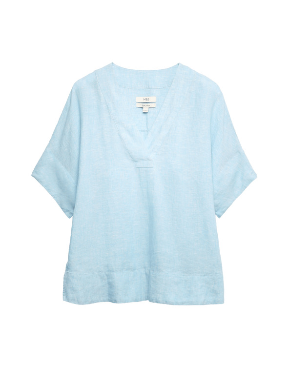 Marks & Spencer Majica Popover od čistog lana s V izrezom Marks & Spencer plava