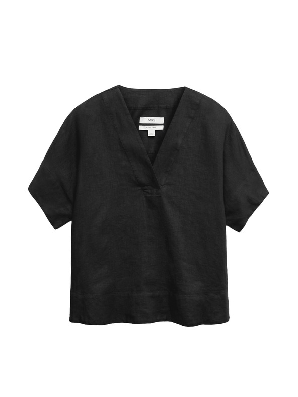 Marks & Spencer Majica Popover od čistog lana s V izrezom Marks & Spencer crna