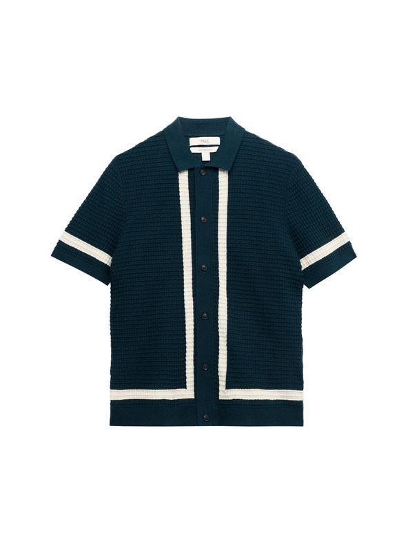Marks & Spencer Pletena polo majica od čiste pamuka s kontrastnom obrubom Marks & Spencer plava